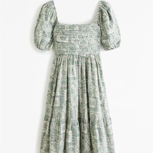ABERCROMBIE Emerson Poplin Puff Sleeve Midi Dress green pattern